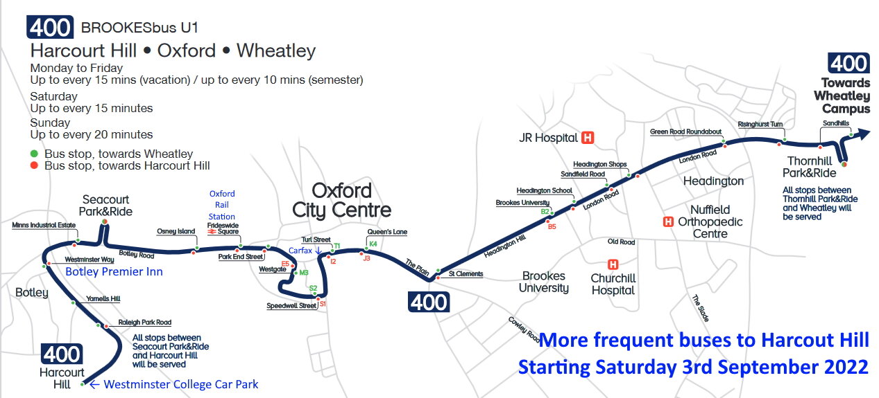 400 BrookesBus U1 route map, Oxford, Wheatley, Thornhill, Headington, City, Oxford Station, Seacourt, Botley, Harcourt Hill,