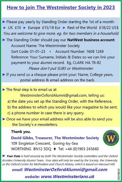 The Westminster Society, Subscription Information, Join Today, UK £10-£15, Europe £15-£20, Rest of World £20-£25, Westminster College London & Oxford Alumni & former staff,