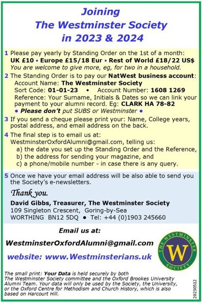 The Westminster Society, Subscription Information, Join Today, UK £10-£15, Europe £15-£20, Rest of World £20-£25, Westminster College London & Oxford Alumni & former staff,